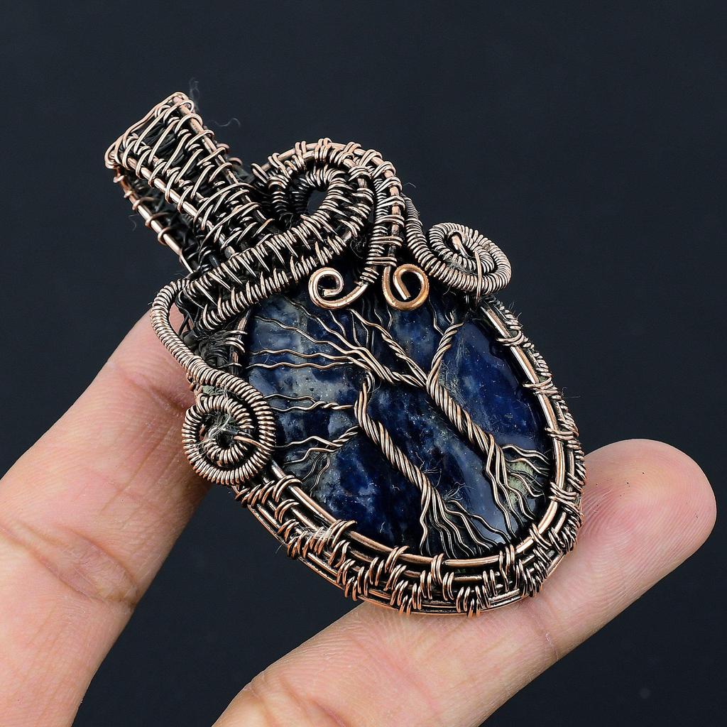 Double Tree of Life Sodalite Pendant, Gemstone 999 Copper Wire Wrapped Jewelry Pendant, Handmade Jewelry Birthstone Pendant, Gift For Him