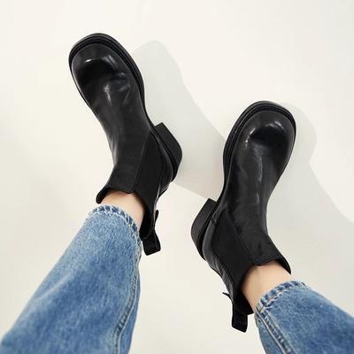 Rindslederversion ~ Leder Retro Slim Chelsea Boots Britische Martin-Stiefel Damen Kurze Stiefel Dicker Absatz Big Head Zigarettenstiefel