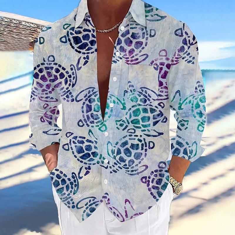Men's Long-sleeved Shirt Casual And Comfortable Printed Sea Octopus Turtle Series Pattern Hawaiian Comfortable Large Size