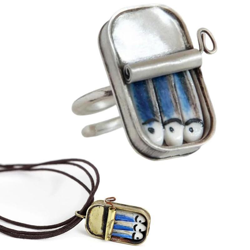 Canned Sardines Adjustable Ring/Necklace Fun Ring Alloy Of Sardines Ring Gift Quirky Ring Necklace Ornament,Tin Of Sardines