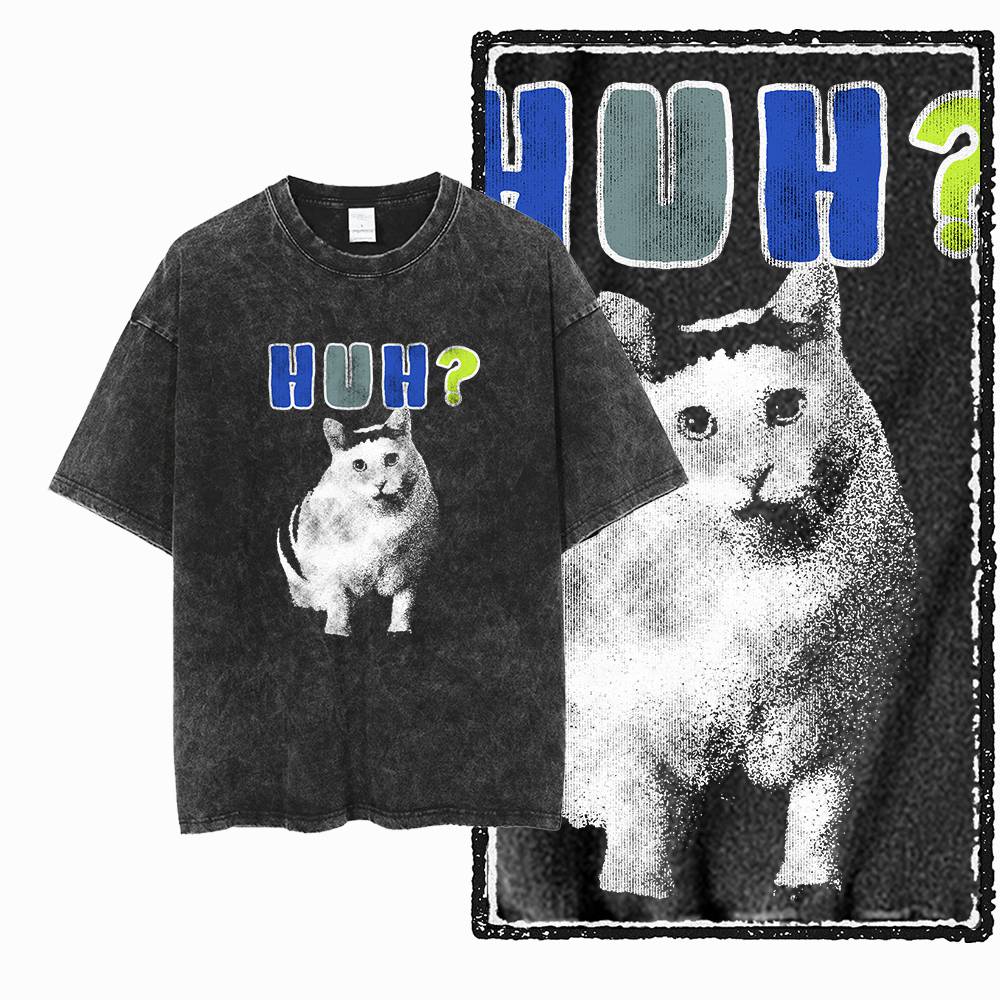 Huh Katze Meme Verwirrte Katze Grafikdruck Gewaschen Verwaschen Große Größe Baumwolle Unisex Humor T-Shirt G