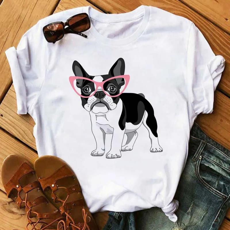Fun Cute French Bulldog T-shirts Animal Harajuku Print Pattern Short Sleeves  Pure Cotton Women's T-shirts