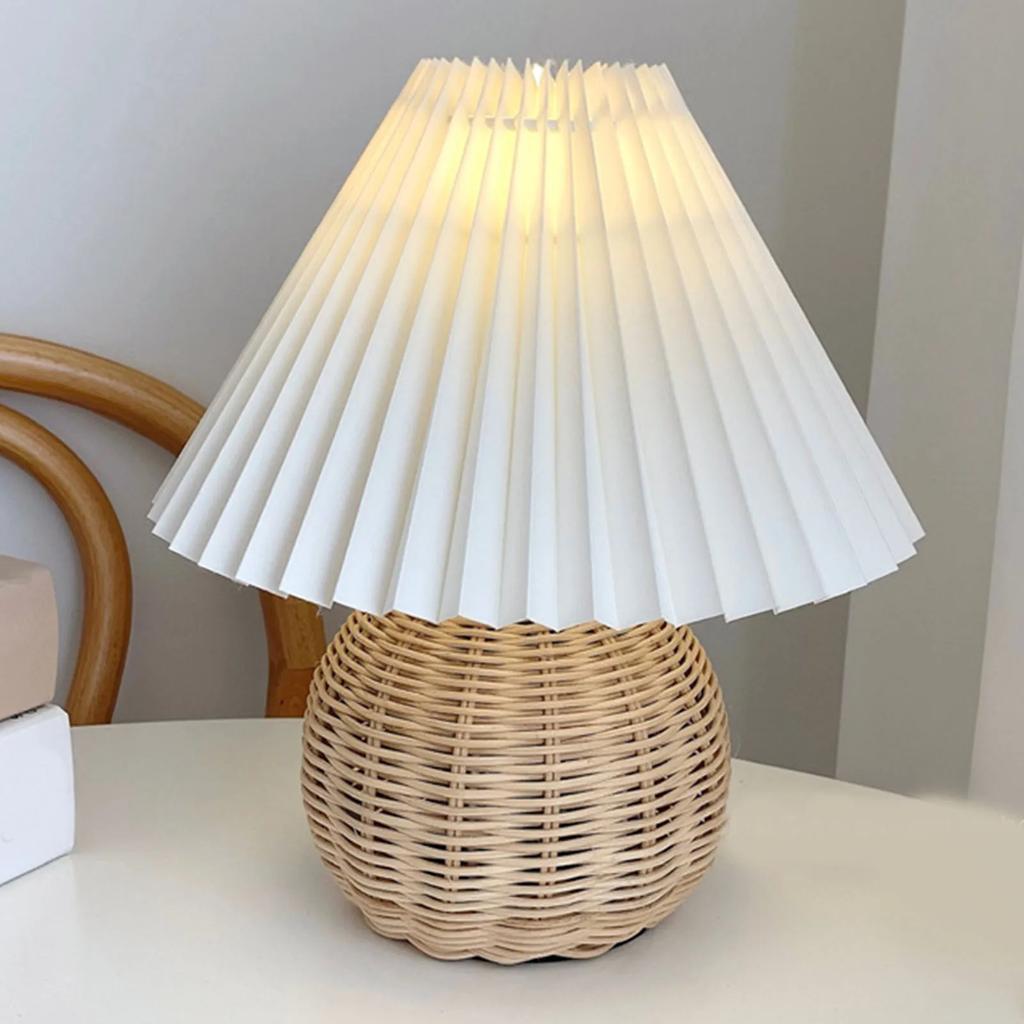 Tischlampe, Nachttischlampe, Mini-Lampe für Schlafzimmer, Wohnzimmer, Beistelltisch, Rattan, plissiert, ästhetisch, Vintage-Stil