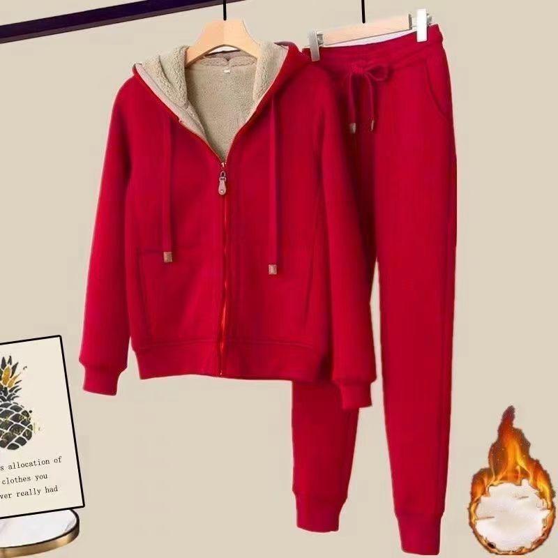 Zimní plyšová silná plyšová sportovní mikina s kapucí dámská dvoudílná souprava oblek ležérní sportovní souprava dámský krátký kabát kalhoty s rovnými nohavicemi dvoudílná souprava