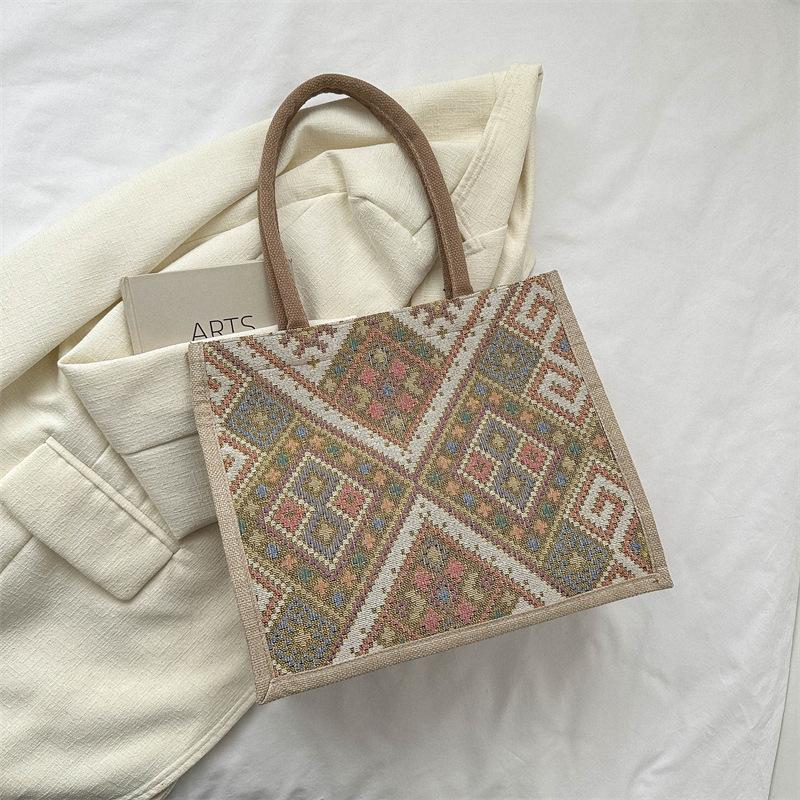 

Сумка для старшеклассницы, женская, 2025, новая, в этническом стиле, холщовая, большой вместимости, модная, на плечо, повседневная сумка-тоут хаки