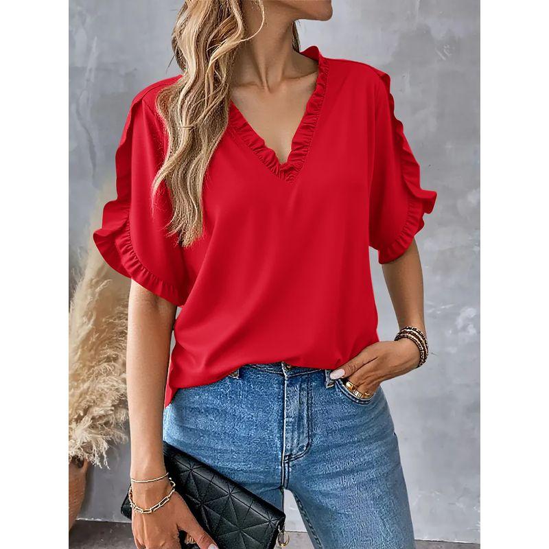 Summer Simple Solid Short Sleeve Frill V-neck Shirts Top Women Women's Shirt Top