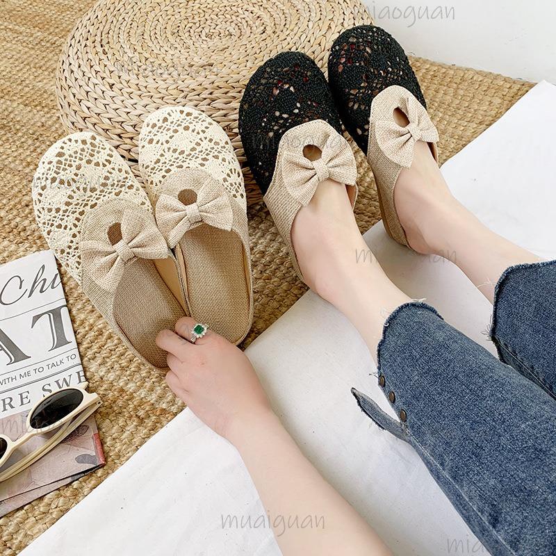 Fashion Slippers for Women Summer 2025 Breathable Mesh Cotton Cloth Cover Toe Slides Indoor Slip On Mules Casual Flats Zapatos De Mujer