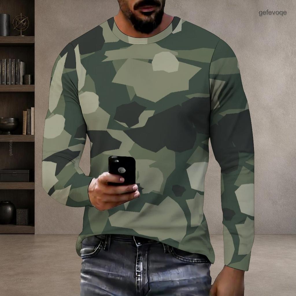Men Plus Size Camouflage Printed Round Neck Long Sleeve T Shirt Pullover Straight Hem