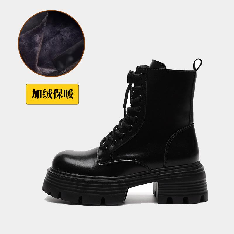 Thick-soled heightening Martin boots women's autumn and winter versatile velvet retro round-headed short boots thin boots