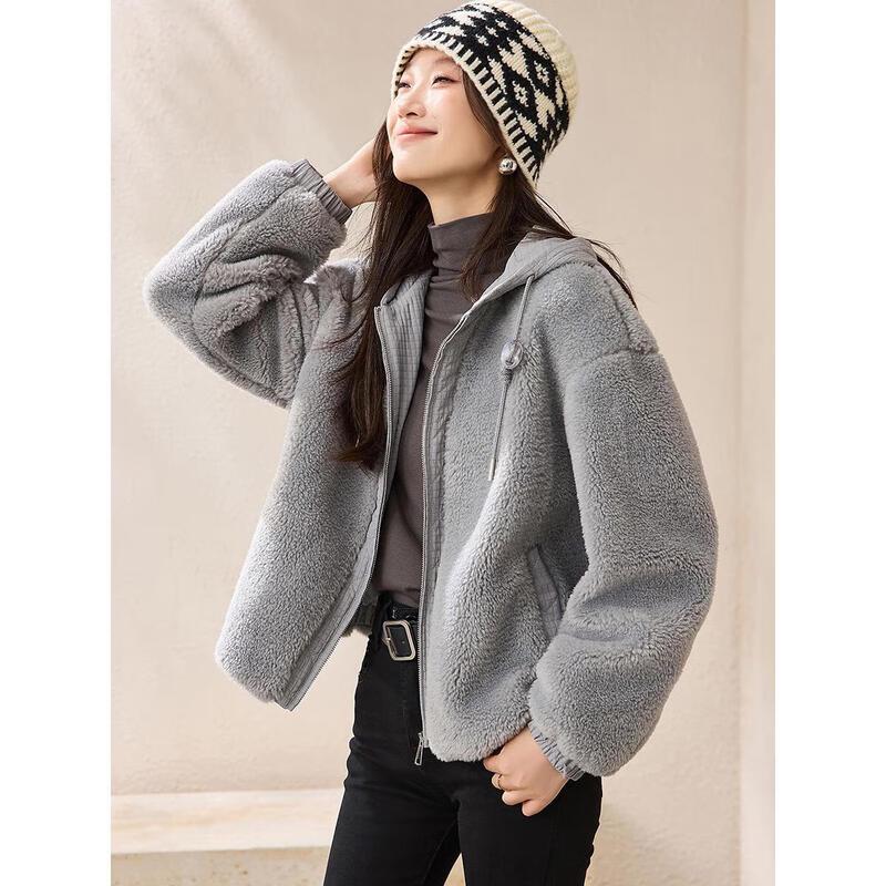 

Women s Loose Faux Lamb Wool Hooded Jacket S