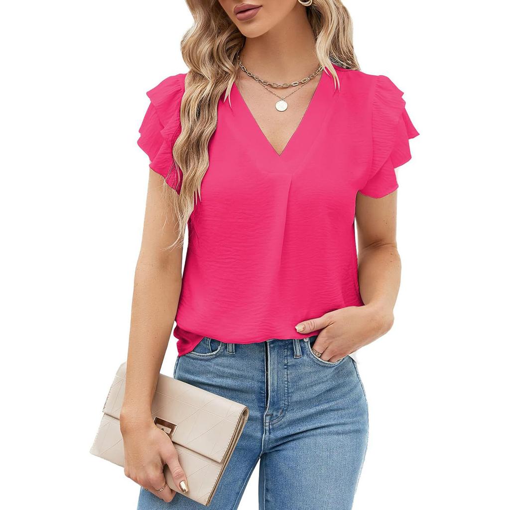 Women's Fashion Loose-Fit V-Neck Pullover T-Shirt Short Sleeve Top