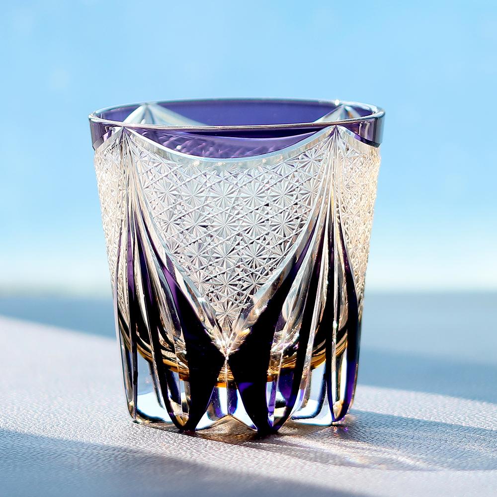 320Ml Edo Kiriko Whisky Tumbler Colored Purple Grey Hand Cut Japanese Glassware For Spirits