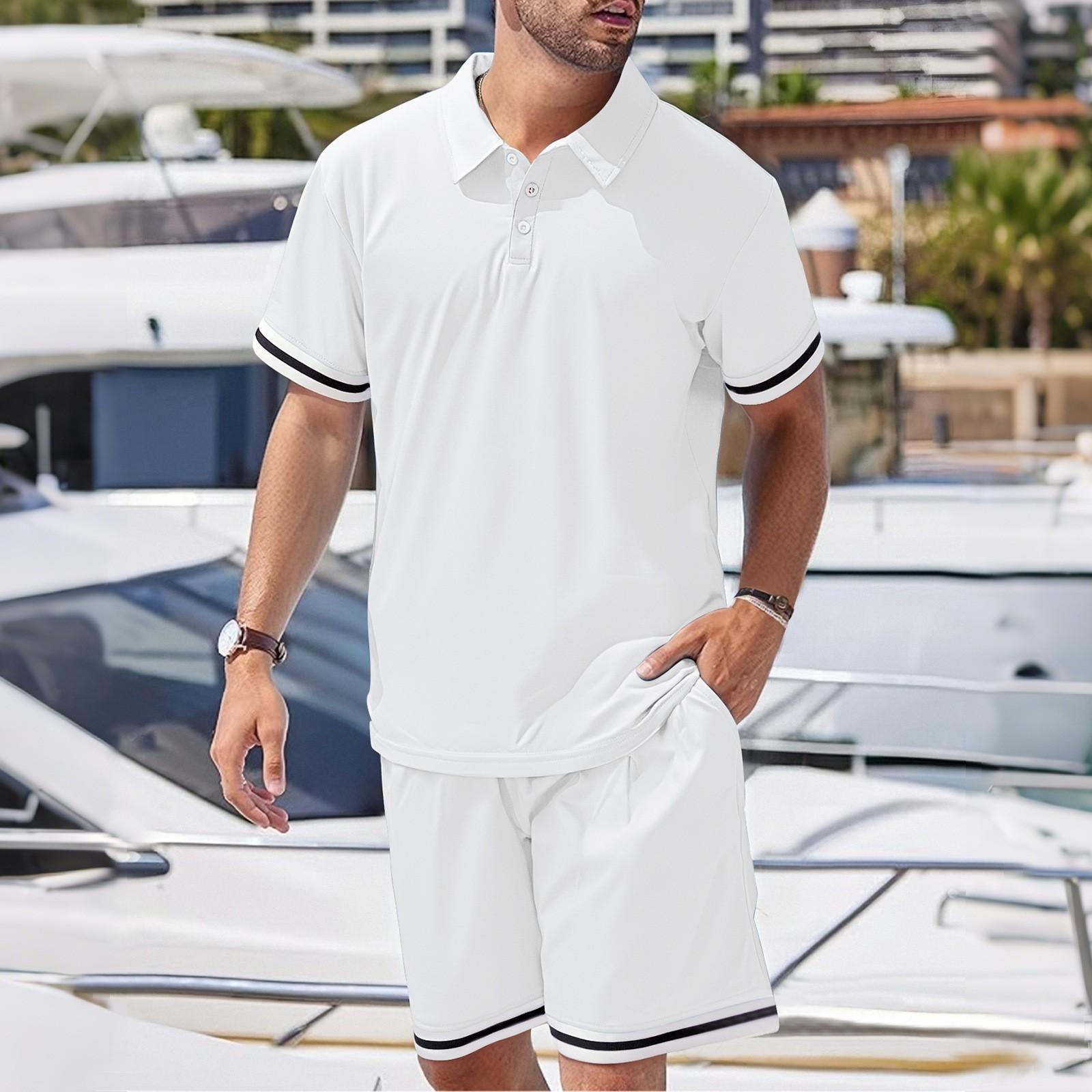 

Мужской летний повседневный костюм большого размера с лацканами, однотонный жемчужный хлопок, шорты с коротким рукавом, костюм из двух частей XL белый