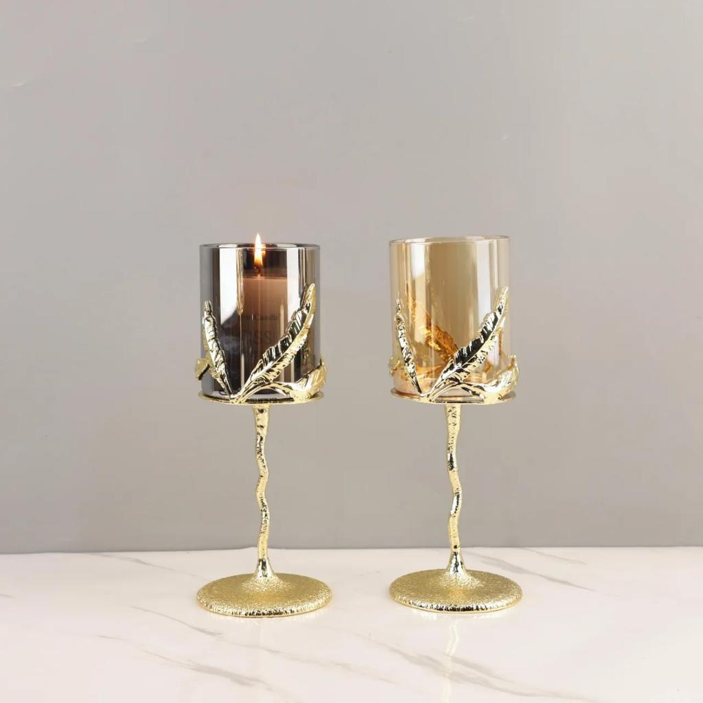 Metal Candle Holder Candelabrum Candlestick Clear Glass Golden Leaf Gold Candle Holders Candelabros Wedding Decoration