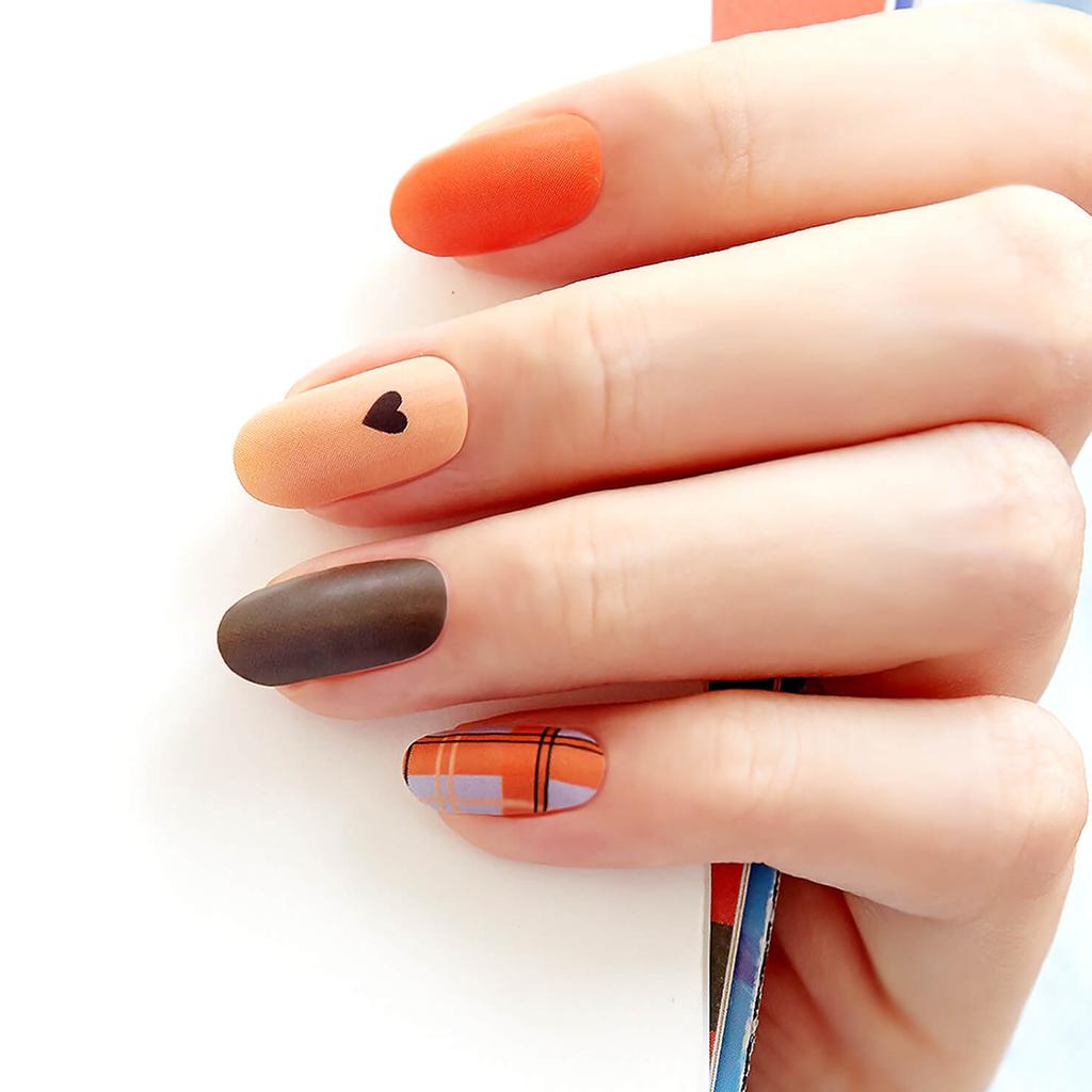 Warm-Tone Nail Stickers 24pcs | Self-Adhesive Strips, Caramel&Plaid Mix, Quick 5-Min Manicure