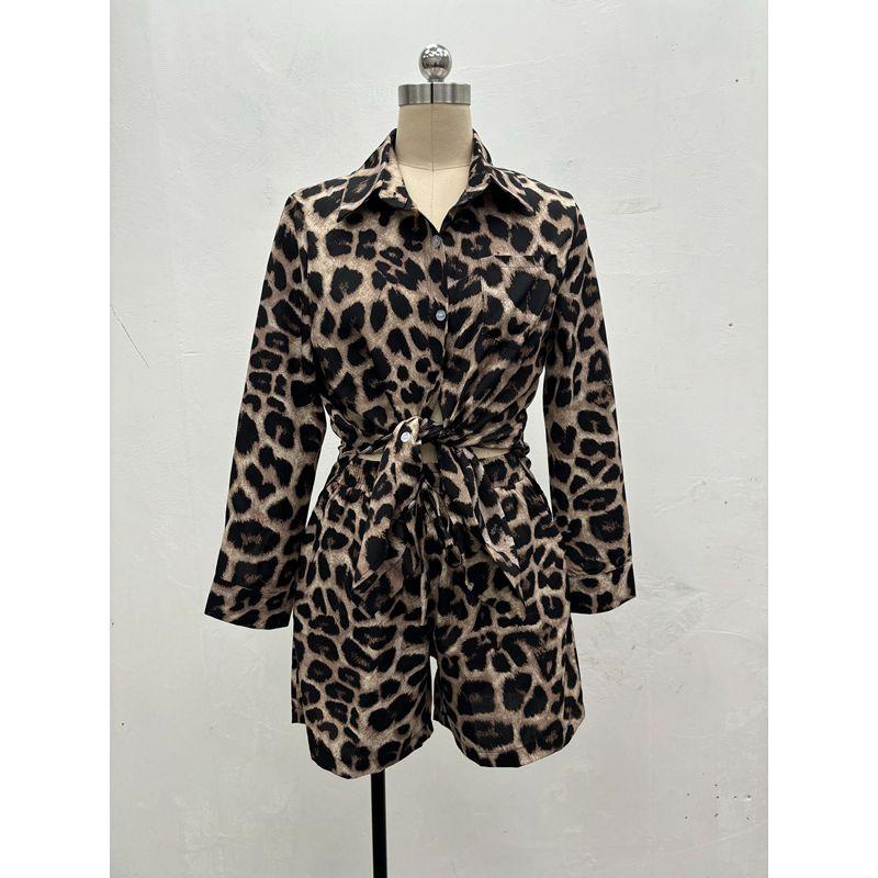 Sommer Europäischer und Amerikanischer Anzug Damen Leopardenmuster Langarm Strickjacke Hemd Damen Shorts Amazon Damen Zweiteiler