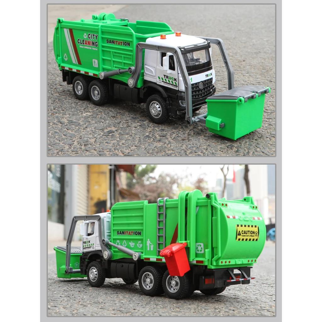 1/35 Urban Sanitation Vehicle Garbage Truck Model Metal Die Casting Engineering Vehicle Simulation Sound and Light Halloween Toy