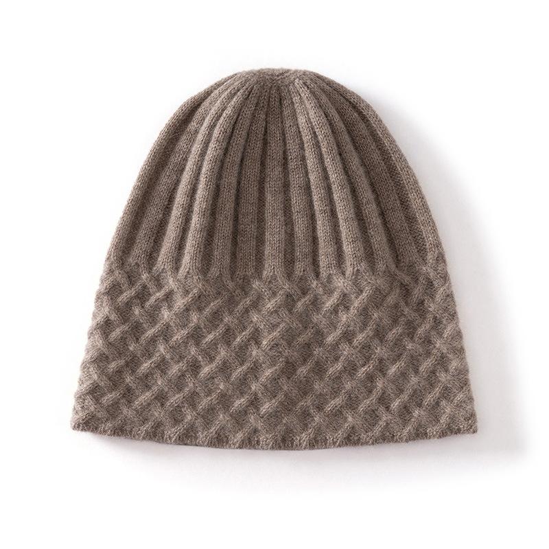 Autumn and Winter New Pure Cashmere Casual Hat Women's Solid Color Simple Semi-twisted Hat Warm Rhombus Bag Head Ear Protection Hat