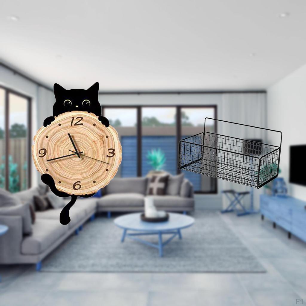 Wall Clock Cat Quiet Non Ticking Decorative Iron Wire Hanging Storage Basket Sturdy MDF Construction