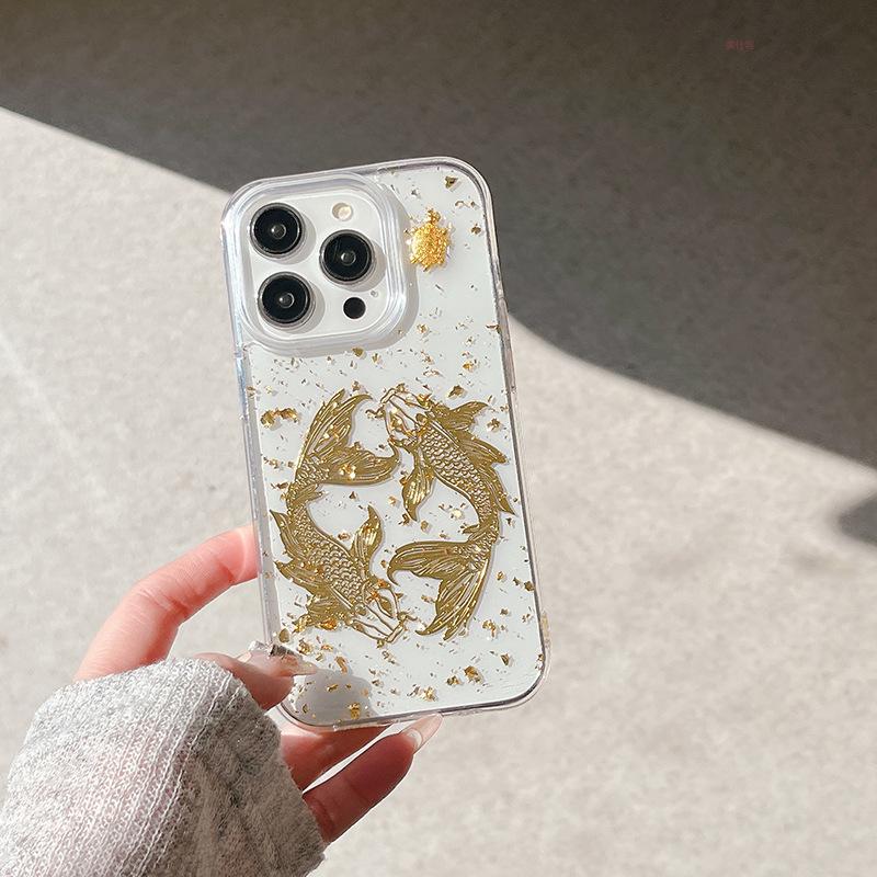 Applicable to Apple 16promax mobile phone case, Epoxy gold foil iPhone15 God of Wealth 14 Shunfeng 13 Shunshui 12 Transparent