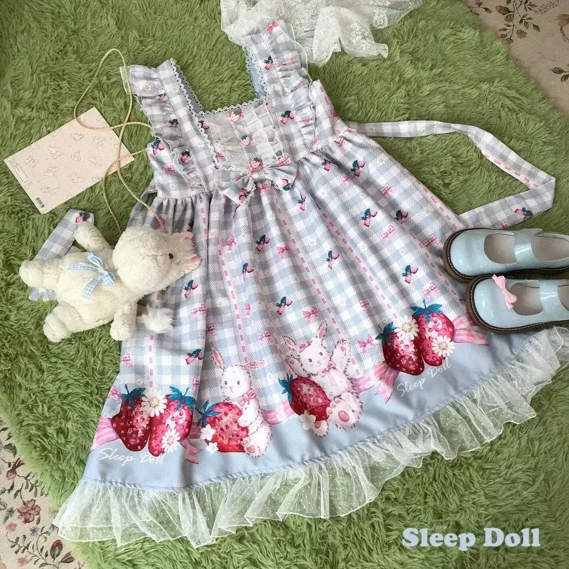 

JIAERDI Harajuku Sleeveless Cute Sweet Cosplay Vestido Women Lovely Japanese Lolita Dress Girls Strawberry Bunny Jsk Dresses One Size синій