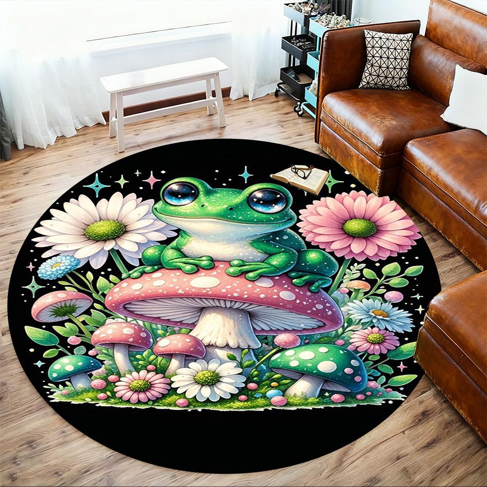 1PC Frog Mushrooms Flowers Round Chair Mat Area Rug - Non-Slip, Floor Mat for Office, Bedroom, Home Decor Christmas Gift C0528056