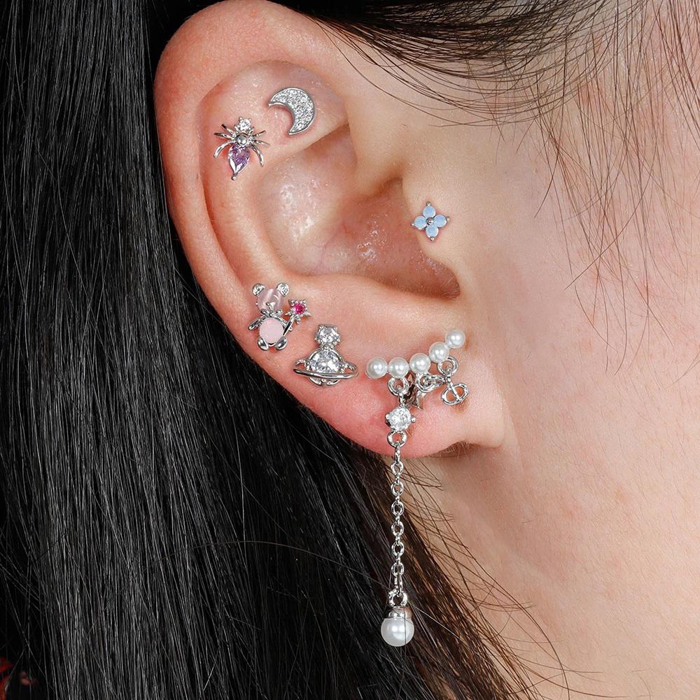 1PC Silver Color Stainless Steel Mini Stud Earrings Women Girls Heart Star Flower Helix Ear Cartilage Piercing Jewelry Gifts