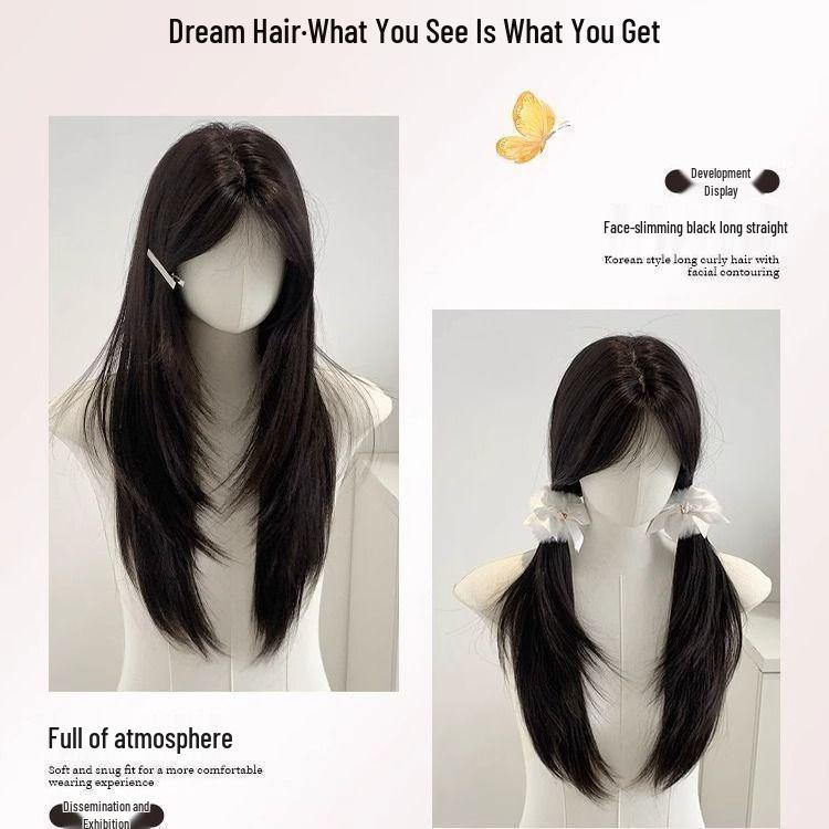 Confession Balloon Women's Long Black Tea-Colored Straight Wig, Natural Lolita Style, Full Head Cover, Middle Part.