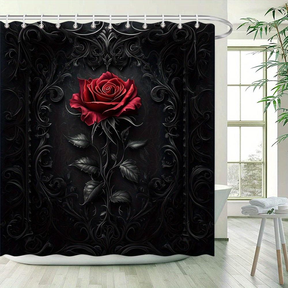 Gothic Red Rose Shower Curtain - Elegant Black Polyester, 3D Floral Design, 12 Hooks, Dramatic Ornate Decor