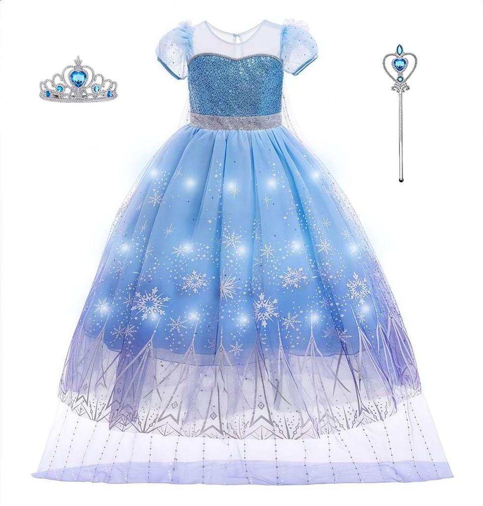 Vestito Luminoso da Principessa Elsa di Frozen per Bambina con Maniche a Sbuffo e Velo Staccabile Lungo Fino a Terra