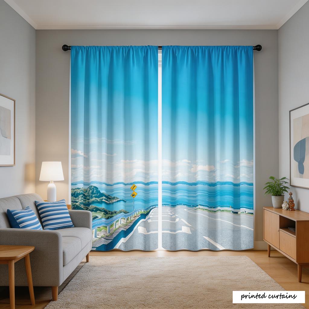 2PCS Seaside Coastal Highway Scenic Print Curtains Floral Window Treatment Applicable To Print Curtains for Home Decor