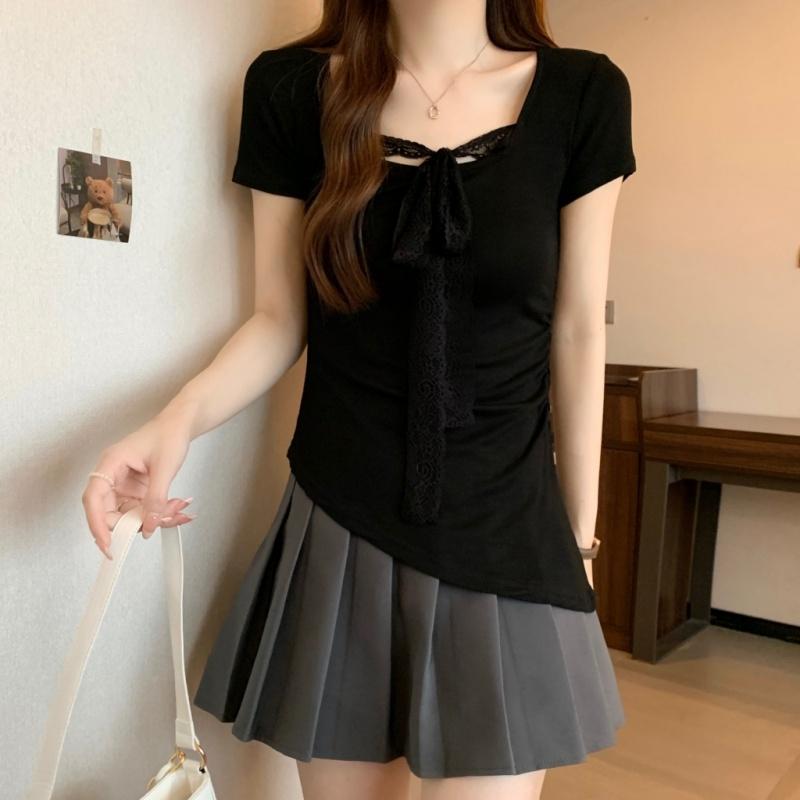 Summer Short Sleeve Women's Solid O-Neck irregular Pullovers korean Lace ribbon t-Shirts y2k Tops Female Slim pure cotton Tees