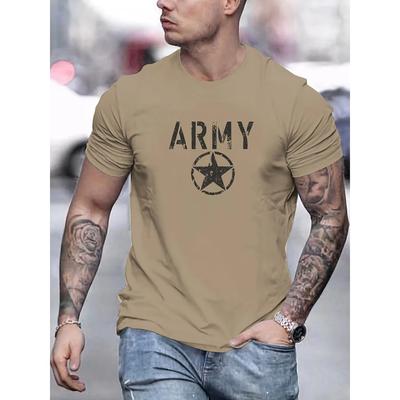 T-shirt d'été pour homme 100 coton à la mode décontracté ample sport ARMY et étoile à cinq branches imprimé col rond manches courtes haut
