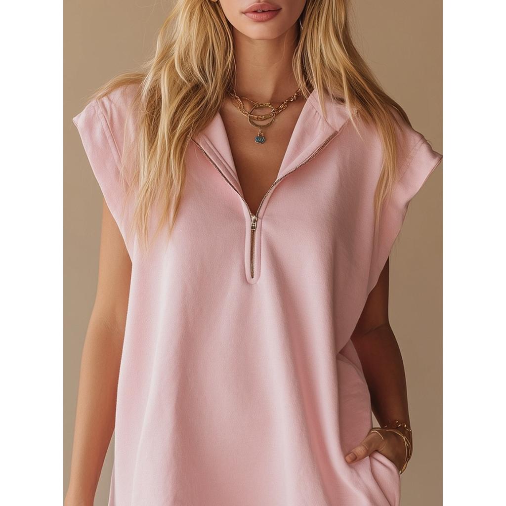 Spring Summer Women's Sleeveless V-Neck Zipper Ruffle Hem A-Line Dress with Double Pockets European American Style Casual Party Dress