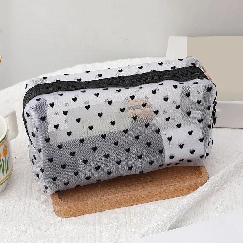 Women Cosmetic Pouch Toilet Storage Bag Ladies Toiletry Lipstick Key Coin Organizer Bags Purse Heart Transparent Mesh Makeup Bag
