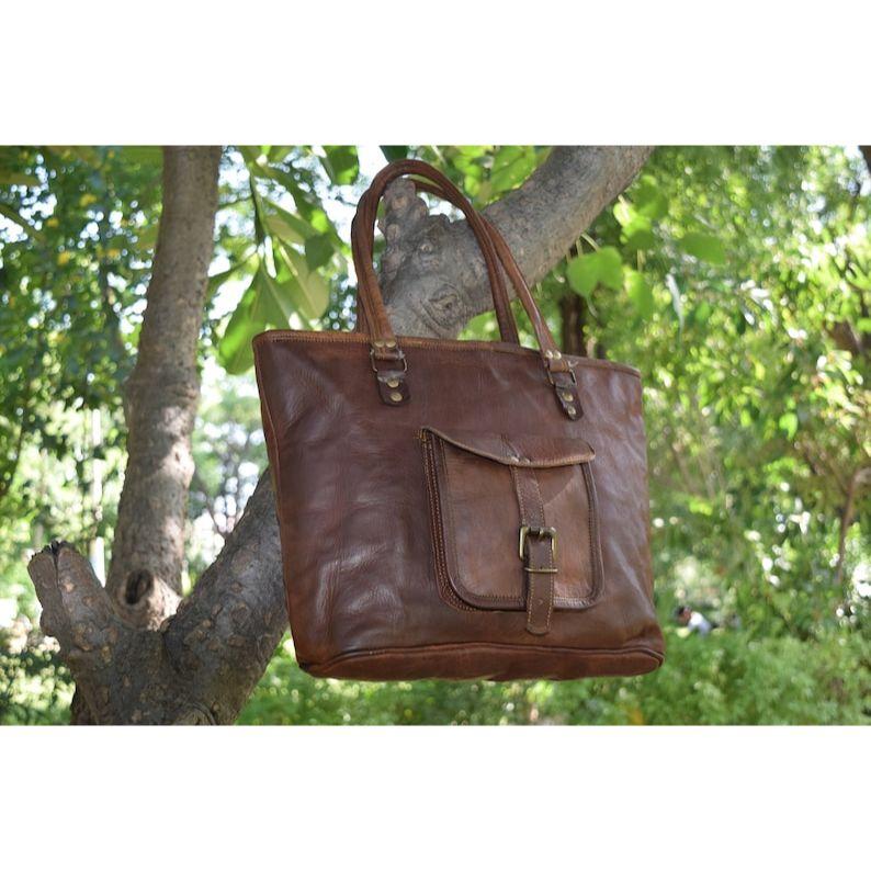 Handmade Leather Tote Bag: Travel Carry-On Shoulder Bag