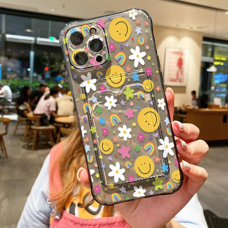 Card Holder Smile Phone Case For iPhone 11 Fundas iPhone 13 16E 16 Pro Max14 15 12 XR X Xs 7 8 Plus SE Shockproof Soft TPU Cover