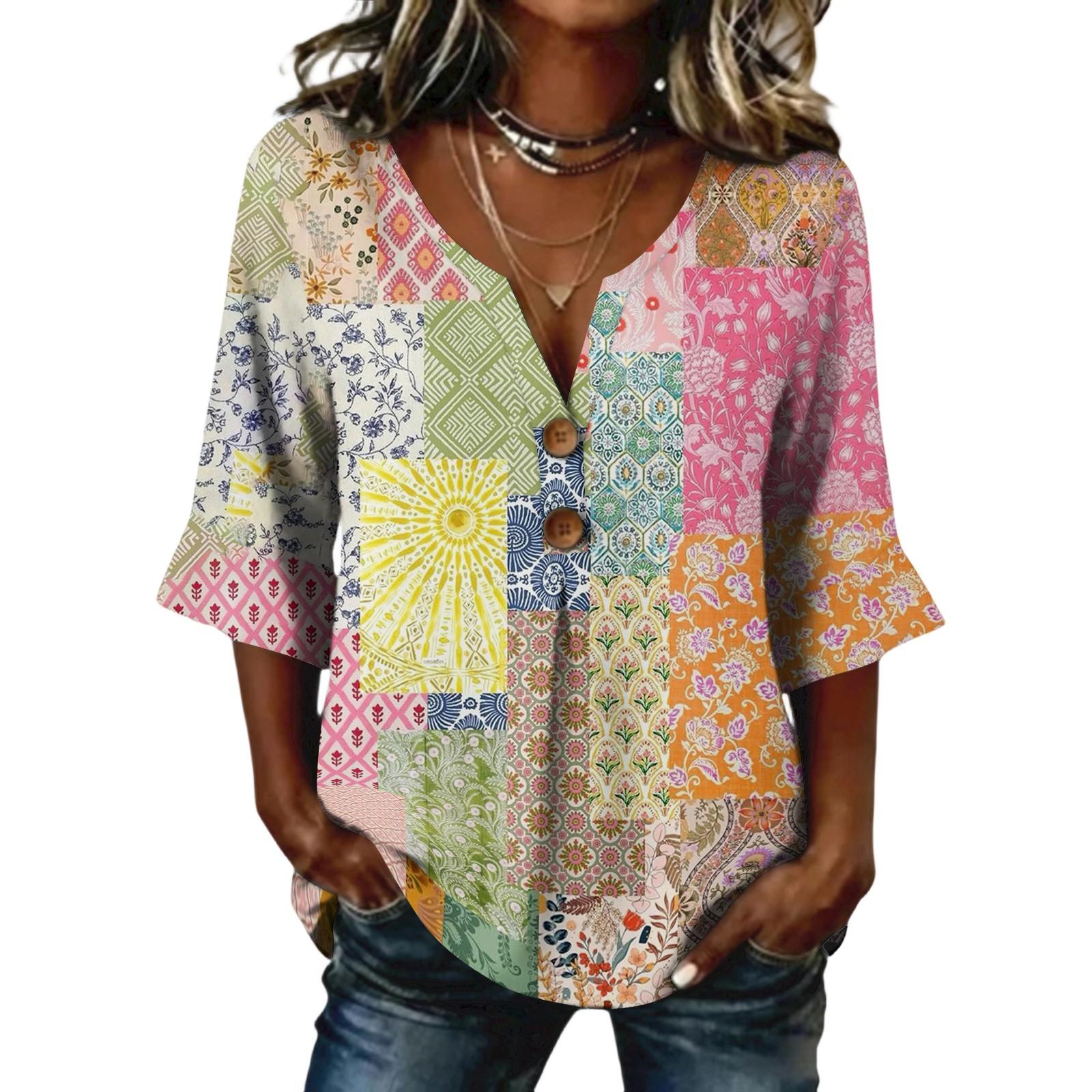 

Ladies floral print button casual V-neck fashionable seven quarter sleeve top XXL