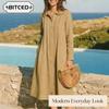 Fashion Summer Spring Solid Color Print Long Sleeve POLO Neck Casual Dresses