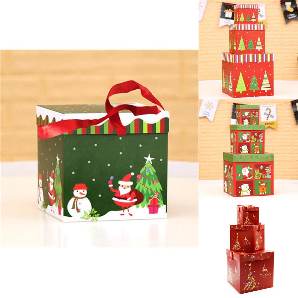 Premium Large 3pcs Christmas Gift Box With Lid  Ribbon Xmas Present Square Box