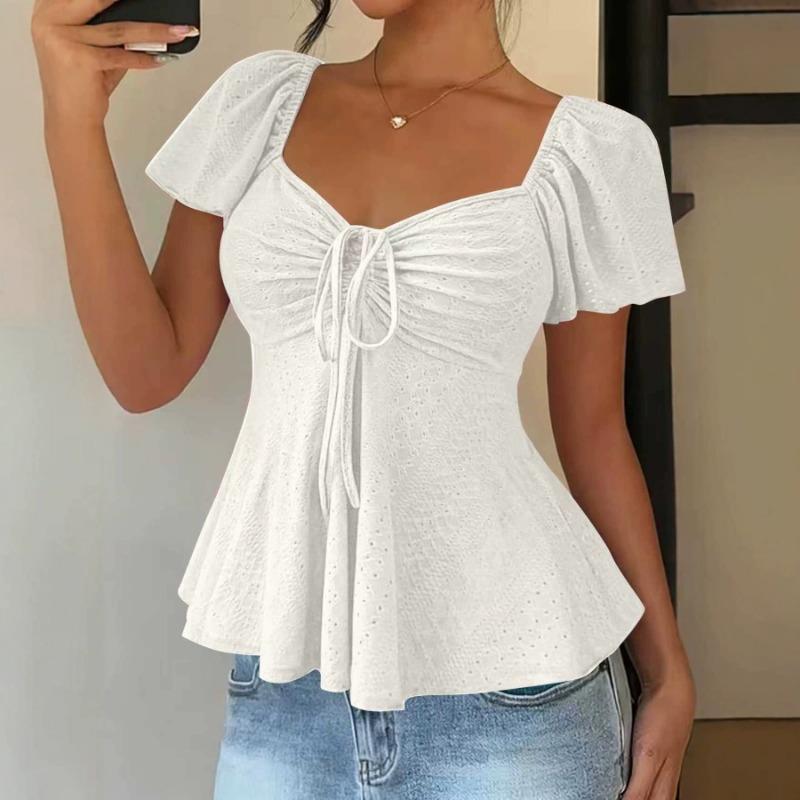 Women V Neck Drawstring Cinched Waist Hollow Out Short Sleeve Casual T Shirt S