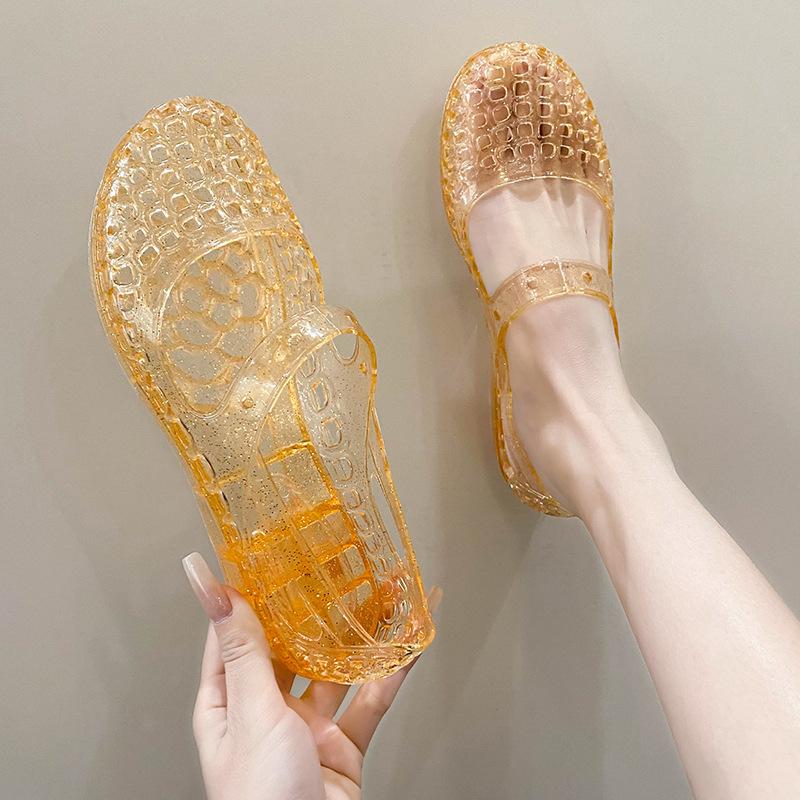 Dámské plastové křišťálové želé sandály s výřezy na pláž, pohodlné, ležérní nazouvací, dámské, kulatá špička, PVC pantofle