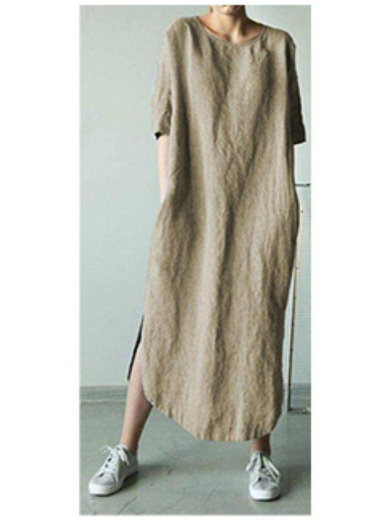 2024 Solid Color Crew Neck Side Slit Mid-Calf Dress with Short Sleeves