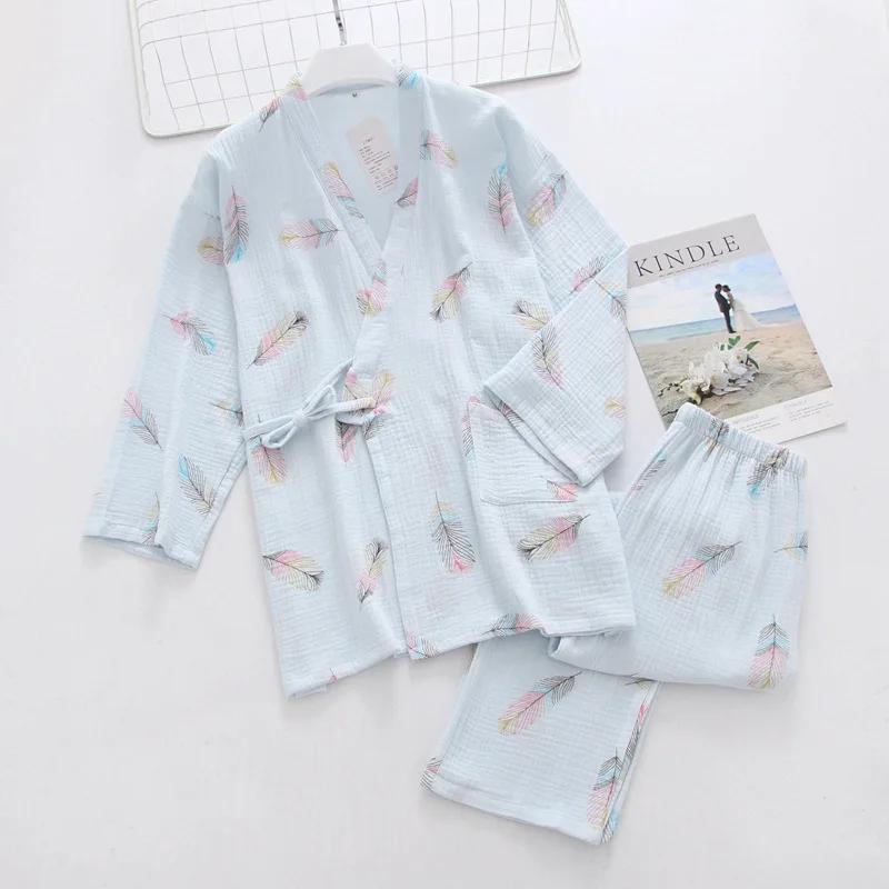 Pijama feminino primavera e verão conjunto de duas peças calças manga três quartos algodão puro crepe renda conjunto de roupa para casa