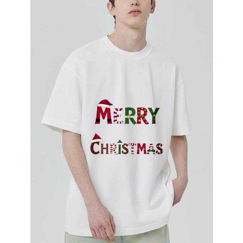 Christmas T-Shirt Black Merry Christmas Santa Hat and Candy Cane Pattern Holiday Party Wear