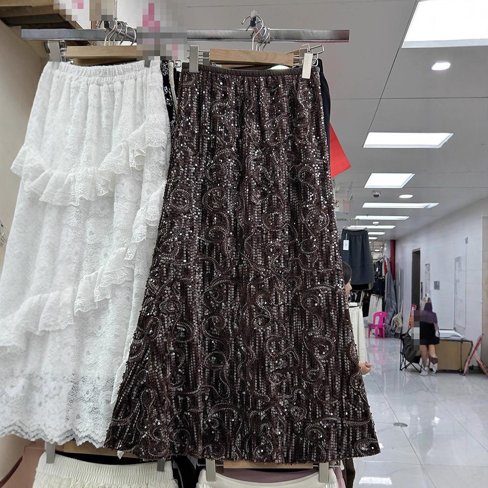Elegant Coffee Sequin Mermaid Midi Skirt for Women - 2025 Autumn/Winter Collection