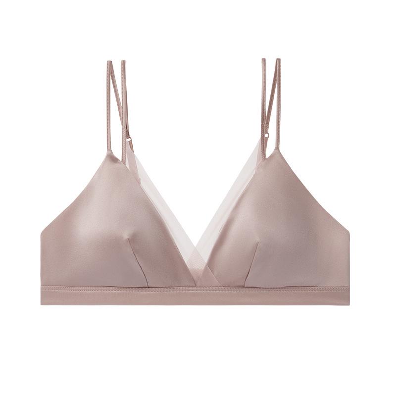 French Silk Satin Wire-Free Bra - Mulberry Silk, Breathable Mesh, Thin Triangle Cup, Lingerie for Large Busts