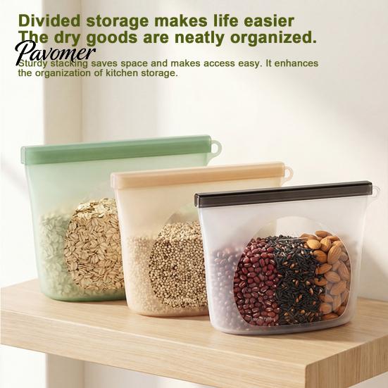 Kitchen Organization Bags with Label Area 2PCS Silicone Food Storage for Kitchen, Double Seal Closure Easy Clean Pantry Bags, Reusable Leakproof