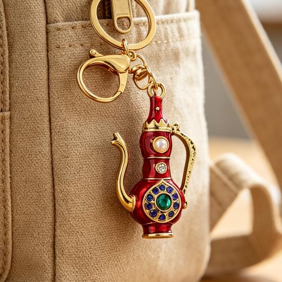 Pitcher Key Ring Retro Teapot Keychain with Rhinestones, Ethnic Style Decorative Backpack Accessory Ring, Pendant for Handbags Backpacks Car Keys Pot