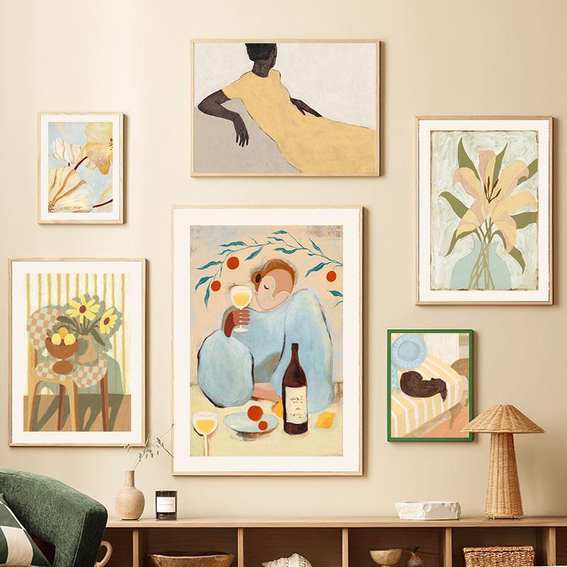 Boho Abstract Girl Wine Lily Flower Illustration Wall Art Canvas Painting Nordic Poster And Prints Picture For Living Room Decor